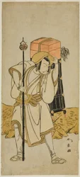 Herec Ichikawa Danjuro V jako Moriya no Daijin převlečený za Rokuju-rokubu ve hře Miya-bashira Iwao no Butai, hrál v divadle Morita v sedmém měsíci, 1773