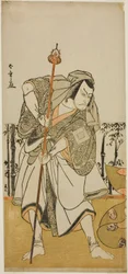 Herec Ichikawa Danjuro versus Taira no Masakado převlečený za poutníka Junjo ve hře Masakado Kammuri no Hatsuyuki, uvedené v divadle Nakamura v jedenáctém měsíci,