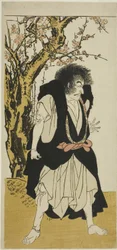 Herec Ichikawa Danjuro V jako odpadlý buddhistický mnich Wantetsu z Okamidani, v páté scéně hry Nishiki Tsui no Yumitori (Dandyish Brocade: Opposing Warriors), hrál v divadle Morita v jedenáctém měsíci, 1778