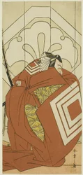 Herec Ichikawa Danjuro V v roli "Shibaraku", pravděpodobně jako Kato Hyoeisa Shigemitsu, ve třetí scéně hry Masakado Kammuri no Hatsuyuki (První sníh na dvorské čelence Taira no Masakada), hrané v divadle Nakamura v 11. století.
