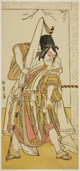 Herec Ichikawa Ebizo III jako Matsuo-maru ve hře Sugawara Denju Tenarai Kagami, hrál v divadle Ichimura v sedmém měsíci, 1776
