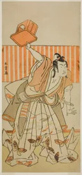 Herec Ichikawa Monnosuke II jako Ageha no Chokichi v přestrojení za Soga no Goro Tokimune ve hře Kaido Ichi Yawaragi Soga, uvedené v divadle Nakamura ve třetím měsíci, 1778