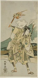 Herec Ichikawa Monnosuke II jako Soga no Goro Tokimune ve hře Haru wa Soga Akebono-zoshi (?), hrál v divadle Nakamura (?) v prvním měsíci, 1772 (?)