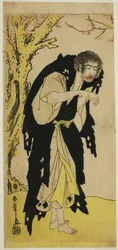 Herec Ichikawa Monnosuke II jako renegátský mnich Zenjibo převlečený za Dainichibo ve hře Edo no Fuji Wakayagi Soga, uvedené v divadle Nakamura v prvním měsíci, 1789