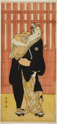 Herec Ichimura Uzaemon IX jako Soga no Goro Tokimune v přestrojení za Agemaki no Sukeroku ve hře Sukeroku Yukari no Edo-zakura, hrál v divadle Ichimura v pátém měsíci, 1782