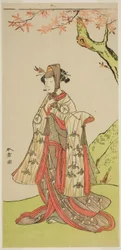 Herec Iwai Hanshiro IV jako princezna Sakura (Sakura Hime) ve hře Wada Sakamori Eiga Kagami, hrál v divadle Nakamura ve třetím měsíci, 1773