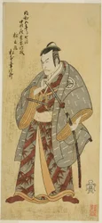 Herec Matsumoto Koshiro III jako Matsuo-maru ve hře Ayatsuri Kabuki Ogi, hrál v divadle Nakamura v sedmém měsíci, 1768