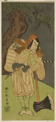Herec Matsumoto Koshiro II jako Osada no Taro Kagemune v přestrojení za dřevorubce Gankutsu no Gorozo ve hře Nue no Mori Ichiyo no Mato, hrál v divadle Nakamura v jedenáctém měsíci, 1770