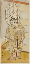 Herec Matsumoto Koshiro IV jako Matsuo-maru ve hře Sugawara Denju Tenarai Kagami, hrál v divadle Nakamura v devátém měsíci, 1773