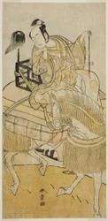 Herec Matsumoto Koshiro IV jako Ogata no Saburo v přestrojení za Matsuuru Saemon ve hře Ichi no Tomi Tsuki no Kaomise, hrál v divadle Morita v jedenáctém měsíci, 1774