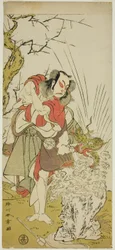 Herec Nakamura Juzo II jako Yushichi (?) ve hře Keisei Momiji no Uchikake (?), hrané v divadle Morita (?) v sedmém měsíci, 1772 (?)