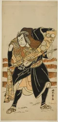 Herec Nakamura Nakazo I jako Abe no Sadato (?) ve hře Date Nishiki Tsui no Yumitori (?), hrál v divadle Morita (?) v jedenáctém měsíci, 1778 (?)