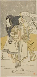 Herec Nakamura Nakazo I jako Akugenda Yoshira převlečený za poutníka ve hře Chigo Torii Tobiiri Kitsune, uvedené v divadle Ichimura v jedenáctém měsíci,