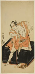 Herec Nakamura Nakazo I jako Izu no Jiro převlečený za Kemmaku no Sabu ve hře Edo-zakura Sono Omokage, uvedené v Nakamurově divadle v pátém měsíci,
