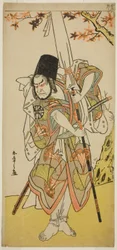 Herec Nakamura Nakazo I jako Katsuhei, služebník knížecí rodiny, ve hře Uta Kurabe Tosei Moyo, hrál v divadle Morita v jedenáctém měsíci, 1779
