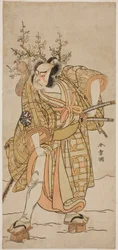 Herec Nakamura Nakazo I jako Matano no Goro ve hře Hana-zumo Genji Hiiki, hrál v divadle Nakamura v jedenáctém měsíci, 1775