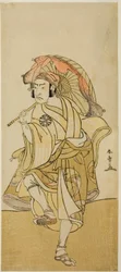 Herec Nakamura Nakazo I jako Onmaya Kisanda v přestrojení za lvího tanečníka Kakubei ve hře Chigo Torii Tobiiri Kitsune, uvedené v divadle Ichimura v jedenáctém měsíci, 1777