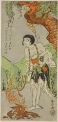 Herec Nakamura Nakazo I jako mnich, Raigo Ajari, ve hře Nue no Mori Ichiyo no Mato (Forest of the Nue Monster: Target of the Eleventh Month), hrané v divadle Nakamura od prvního dne jedenáctého měsíce, 1770
