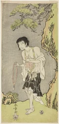 Herec Nakamura Nakazo I jako mnich, Raigo Ajari, ve hře Nue no Mori Ichiyo no Mato (Forest of the Nue Monster: Target of the Eleventh Month), hrané v divadle Nakamura od prvního dne jedenáctého měsíce, 1770