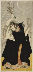 Herec Nakamura Nakazo I jako bůh hromu, vtělení Kan Shojo, ve hře Sugawara Denju Tenarai Kagami, uvedené v divadle Morita ve třetím měsíci roku 1780