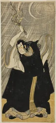 Herec Nakamura Nakazō I jako bůh hromu, vtělení Kan Shōjō, ve hře „Sugawara Denju Tenarai Kagami“, uvedené v divadle Morita ve třetím měsíci roku 1780