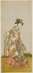 Herec Nakamura Noshio I jako princezna Usuyuki (Usuyuki Hime) ve hře „Shin Usuyuki Monogatari“, vystupující v divadle Morita v pátém měsíci roku 1774