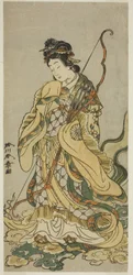Näyttelijä Nakamura Noshio I Enoshiman bensaitenina näytelmässä Onno Aruji Hatsuyuki no Sekai, joka esitettiin Morita-teatterissa yhdestoista kuukaudessa, n. 1773 (värillinen puupainatus; hosoban)