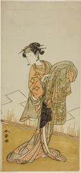 Herec Nakamura Riko I jako kurtizána Wakamatsu (?) ve hře Gohiiki Kanjincho (?), hrané v divadle Nakamura (?) v jedenáctém měsíci, 1773 (?)