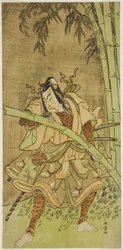 Herec Nakamura Tomijuro I jako Takenuki Goro ve hře Eho Soga Nen-nen-goyomi, hrál v divadle Morita v prvním měsíci, 1771