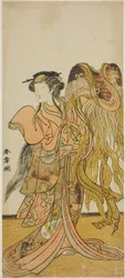 Herec Nakamura Tomijuro I jako kurtizána Toyama z Tsuruga ve hře Keisei Tsuki no Miyako, uvedené v divadle Morita v osmém měsíci, 1775