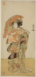 Herec Nakamura Tomijuro I jako liška z hory Ubagadake ve hře „Chigo Torii Tobiiri Kitsune“, která hrála v divadle Ichimura v jedenáctém měsíci roku 1777