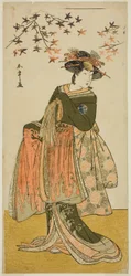 Herec Nakayama Tomisaburo I jako Gejša Yukino (nebo Oyuki?) ve hře Kabuki no Hana Bandai Soga, uvedené v divadle Ichimura ve čtvrtém měsíci, 1781
