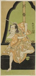 Herec Onoe Kikugoro I jako Ukishima Danjo (?) ve hře Shinasadame Soma no Mombi (?), hrál v divadle Ichimura (?) v sedmém měsíci, 1770 (?)