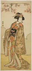Herec Osagawa Tsuneyo II jako Onoe no Mae ve hře Date Nishiki Tsui no Yumitori, hrál v divadle Morita v jedenáctém měsíci, 1778