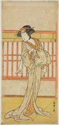 Herec Osagawa Tsuneyo II jako kurtizána Miyagino (?) ve hře Go Taiheiki Shiraishi-banashi (?), hrané v divadle Morita ve čtvrtém měsíci, 1780 (?)