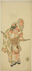 Herec Otani Hiroemon III jako Hige no Ikyu ve scéně „Sukeroku“ ve hře „Hitokidori Harutsuge Soga“