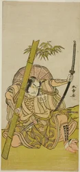 Herec Otani Hiroji III jako strážce Kuriu Zaemon Yorikata ve hře Azuma no Mori Sakae Kusunoki, hrál v divadle Ichimura v jedenáctém měsíci, 1779