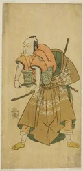 Herec Sawamura Sojuro II jako Omi no Kotoda (?) ve hře Shuen Soga Omugaeshi (?), uvedené v divadle Ichimura (?) ve druhém měsíci, 1768 (?)