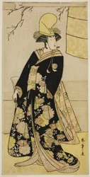 Herec Segawa Kikunojo III jako tanečník Shirabyoshi v Musume Dojo-ji ve hře Edo no Hana Mimasu Soga, hrál v divadle Nakamura ve čtvrtém měsíci, 1783