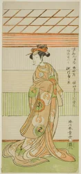 Herec Segawa Kikunojo II jako kurtizána Maizuru ve hře Furisode Kisaragi Soga, uvedené v divadle Ichimura ve druhém měsíci, 1772