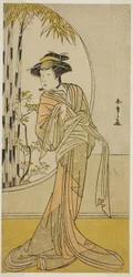 Herec Tsuneyo II jako Okaru ve hře Kanadehon Chushingura, hrál v divadle Morita v osmém měsíci, 1779