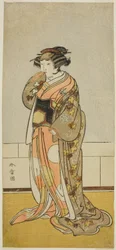 Herec Yamashita Kinsaku II jako Lady Kikusui (Kikusui Gozen) (?) ve hře Kaeribana Eiyu Taiheiki (?), hrané v divadle Nakamura (?) v jedenáctém měsíci, 1779 (?)