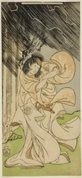 Herec Yamashita Kinsaku II jako bohyně hromu ve hře Onna Narukami, hrál v divadle Morita v prvním měsíci, 1770