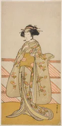 Herec Yoshizawa Iroha I jako Tamamo no Mae (?) ve hře Sakuya Kono Hana no Kaomise (?), hrál v divadle Nakamura (?) v jedenáctém měsíci, 1776 (?)