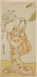 Herec Yoshizawa Sakinosuke III jako Naniwazu ve hře Sugata no Hana Yuki no Kuronushi, uvedené v divadle Ichimura v jedenáctém měsíci roku 1776