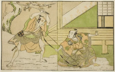 Herci Arashi Sangoro II jako Hojo Tokiyori (vpravo) a Otani Hiroji III jako Koga Saburo (vlevo) ve hře Play Kono Hana Yotsugi no Hachi no Ki, představení v divadle Ichimura v jedenáctém měsíci, 1771