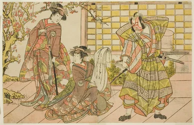 Herci Ichikawa Danjuro V jako Miura Kunitae (vpravo), Segawa Kikunojo III jako Yasukata (uprostřed) a Iwai Hanshiro IV jako Utou (vlevo) ve hře Play Godai Genji Mitsugi no Furisode v divadle Nakamura v jedenáctém měsíci, 1782