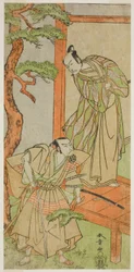 Herci Ichikawa Danjuro V jako Momonoi Wakasanosuke (vpravo) a Nakamura Nakazo I jako Kakogawa Honzo (vlevo) ve hře Kanadehon Chushingura, představení v divadle Nakamura v pátém měsíci, 1771