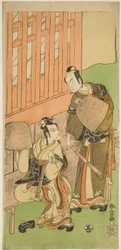 Herci Ichikawa Komazo II jako Soga no Juro Sukenari (vpravo) a Ichikawa Danjuro V jako Soga no Goro Tokimune (vlevo), v Komuso Attires, ve hře Sakaicho Soga Nendaiki, uvedeno v divadle Nakamura v prvním měsíci, 1771