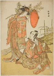 Herci Ichikawa Monnosuke II a Segawa Kikunojo III jako milenci Seijuro (vpravo) a Onatsu (vlevo), ve scéně útěku "Michiyuki Hiyoku no Kiku-cho" (An Elopemet: Hrysanthemum-and-Butterfly Lovebirds), taneční mezihra z Druhá část Pla